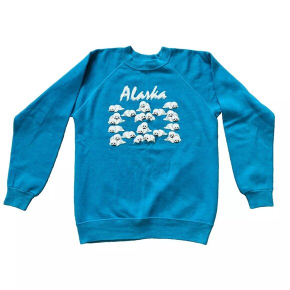 Alaska Baby Seal Sweatshirt Top Vintage 90s Puff Print Blue Made in USA - Picture 3 of 8